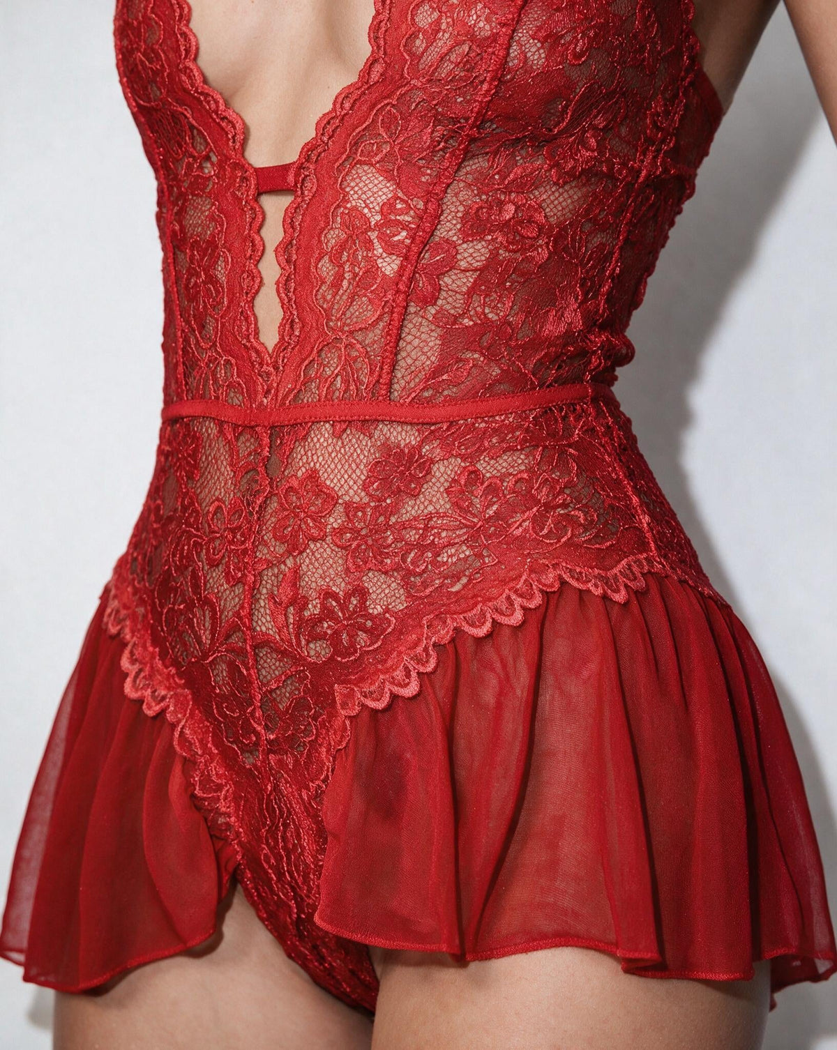 Lace Halter Teddy With Ruffle Skirt