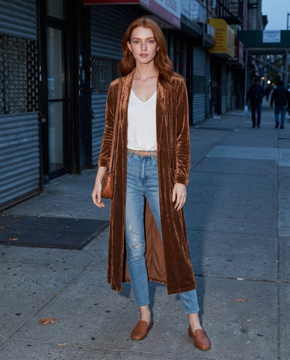 Open Front Shawl Collar Longline Duster Coat