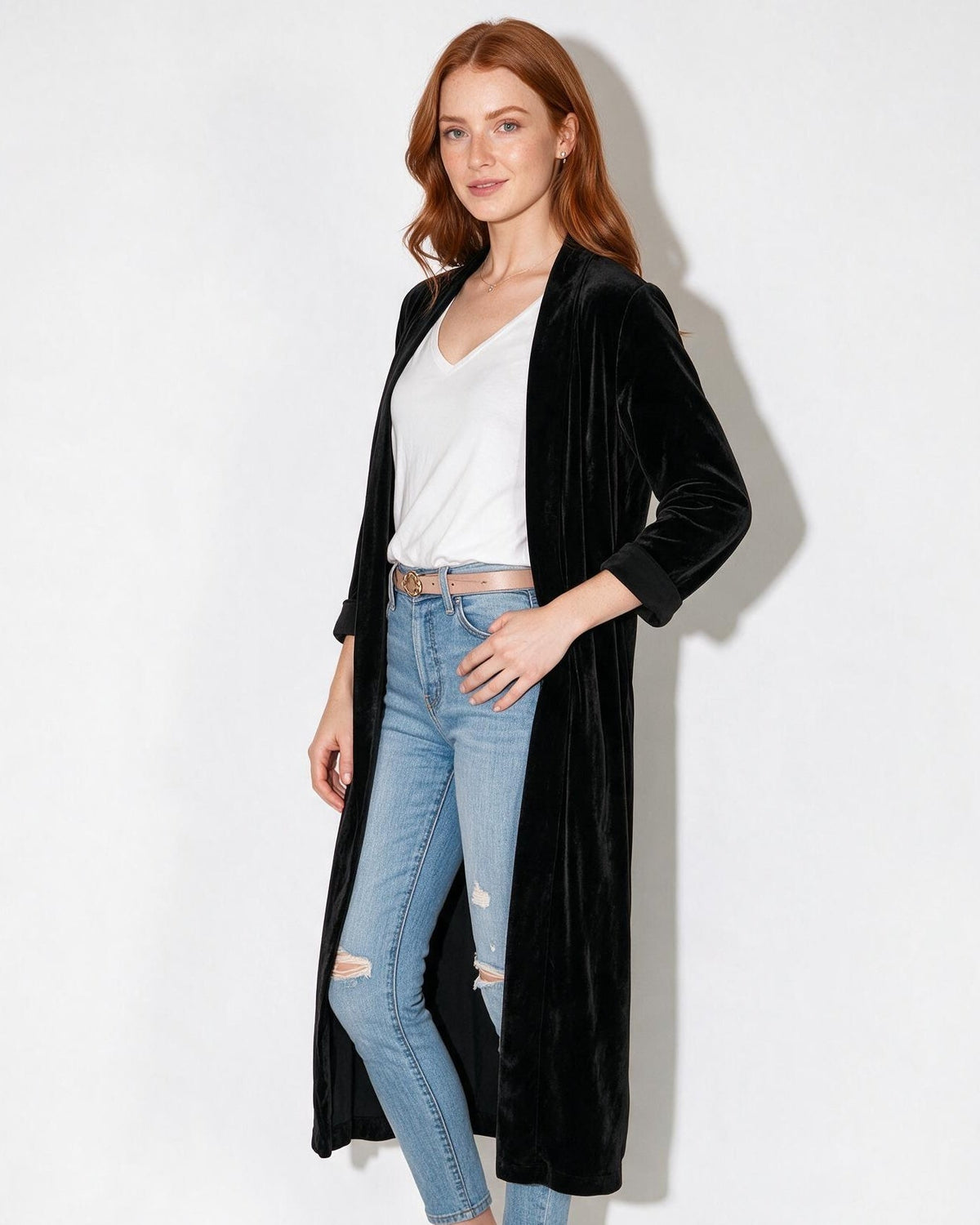 Open Front Shawl Collar Longline Duster Coat