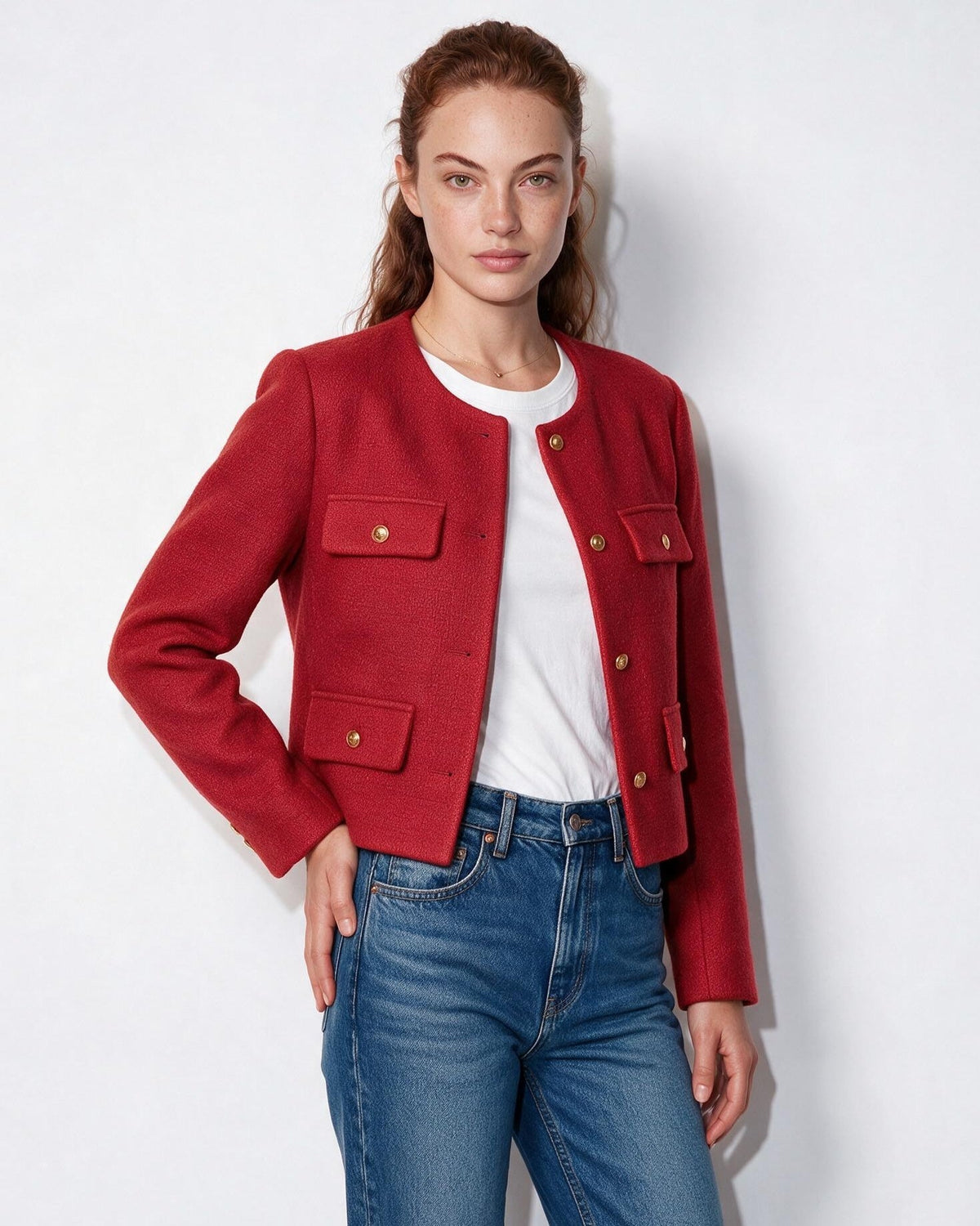 Collarless Four-Pocket Cropped Jacket