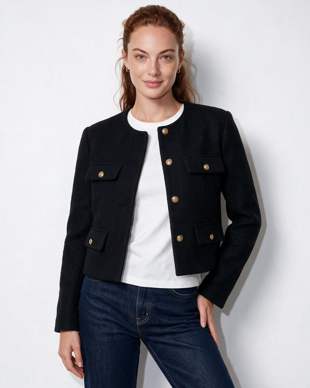 Collarless Four-Pocket Cropped Jacket