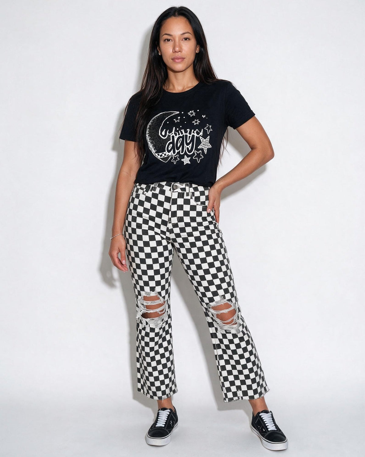 Cotton Checkerboard Ripped Straight Leg Jeans