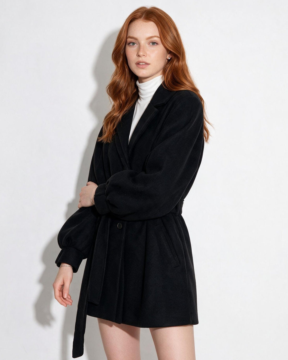 Belted Balloon-Sleeve Swing Coat