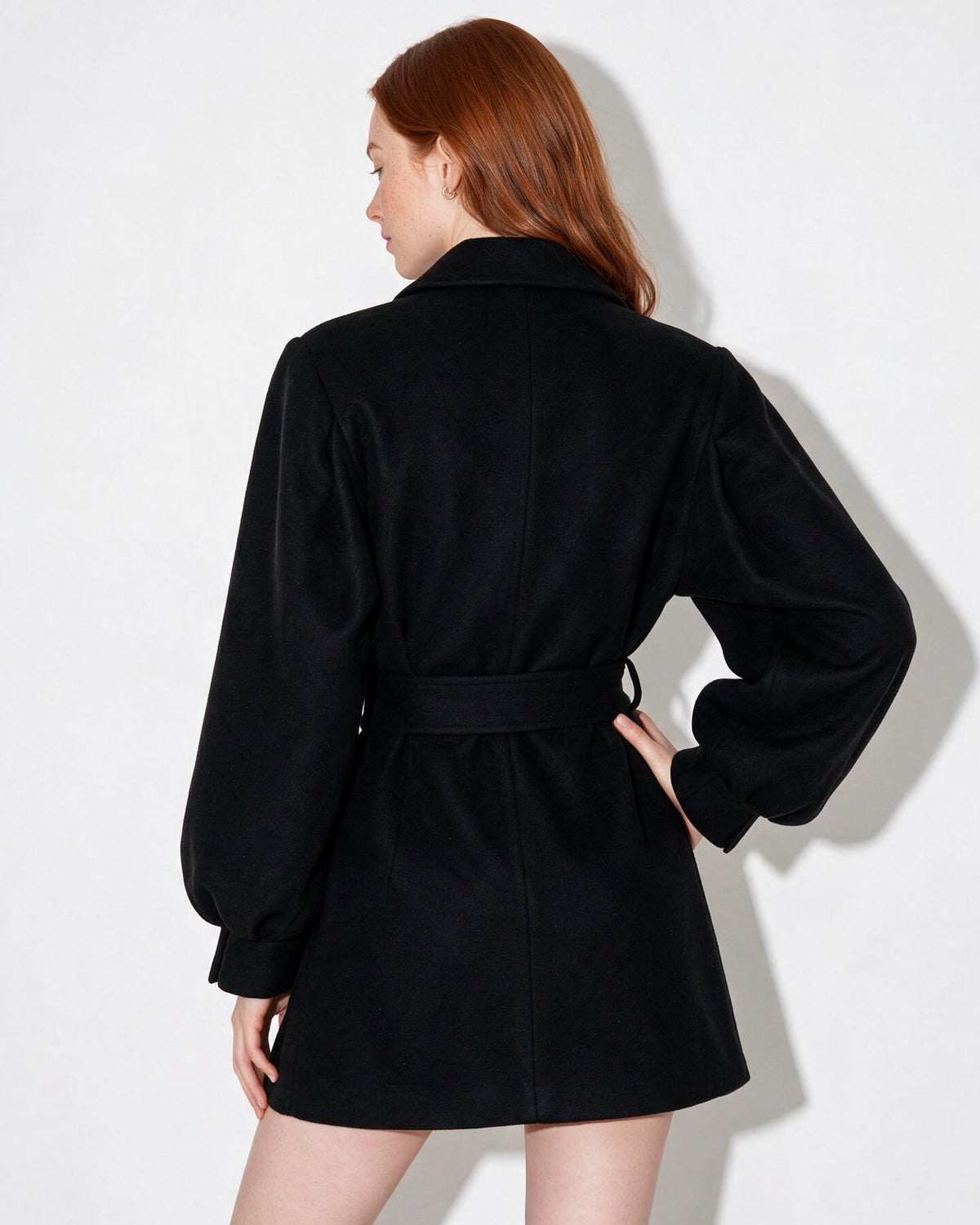 Belted Balloon-Sleeve Swing Coat