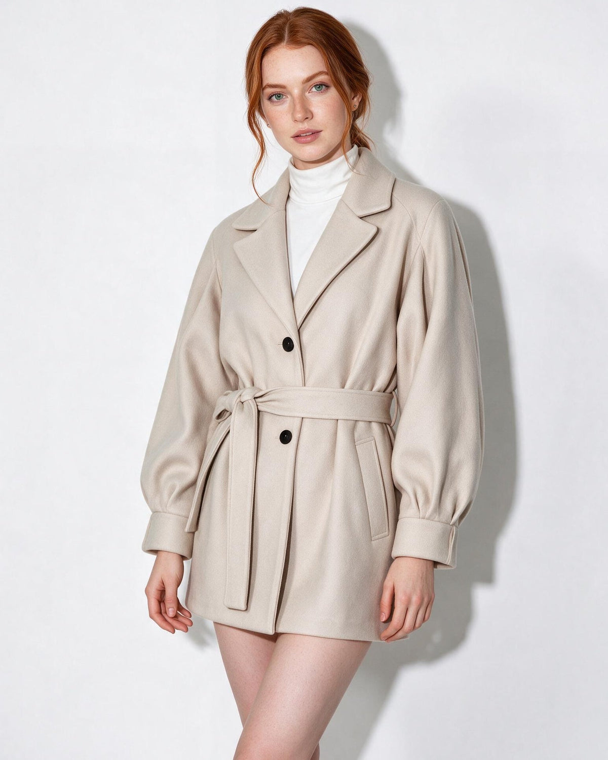 Belted Balloon-Sleeve Swing Coat