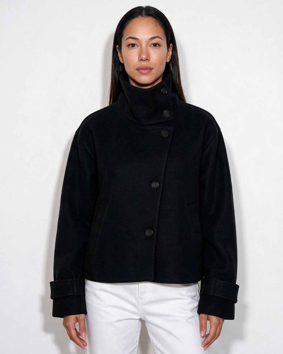 Asymmetric Cropped Funnel Collar Jacket