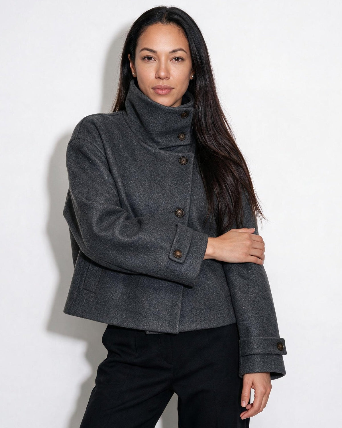 Asymmetric Cropped Funnel Collar Jacket
