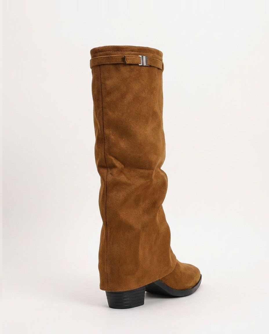 Stacked Heel Fold-Over Knee-High Boots