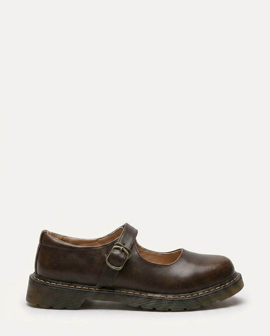 Buckle Strap Leather Mary Jane Flats