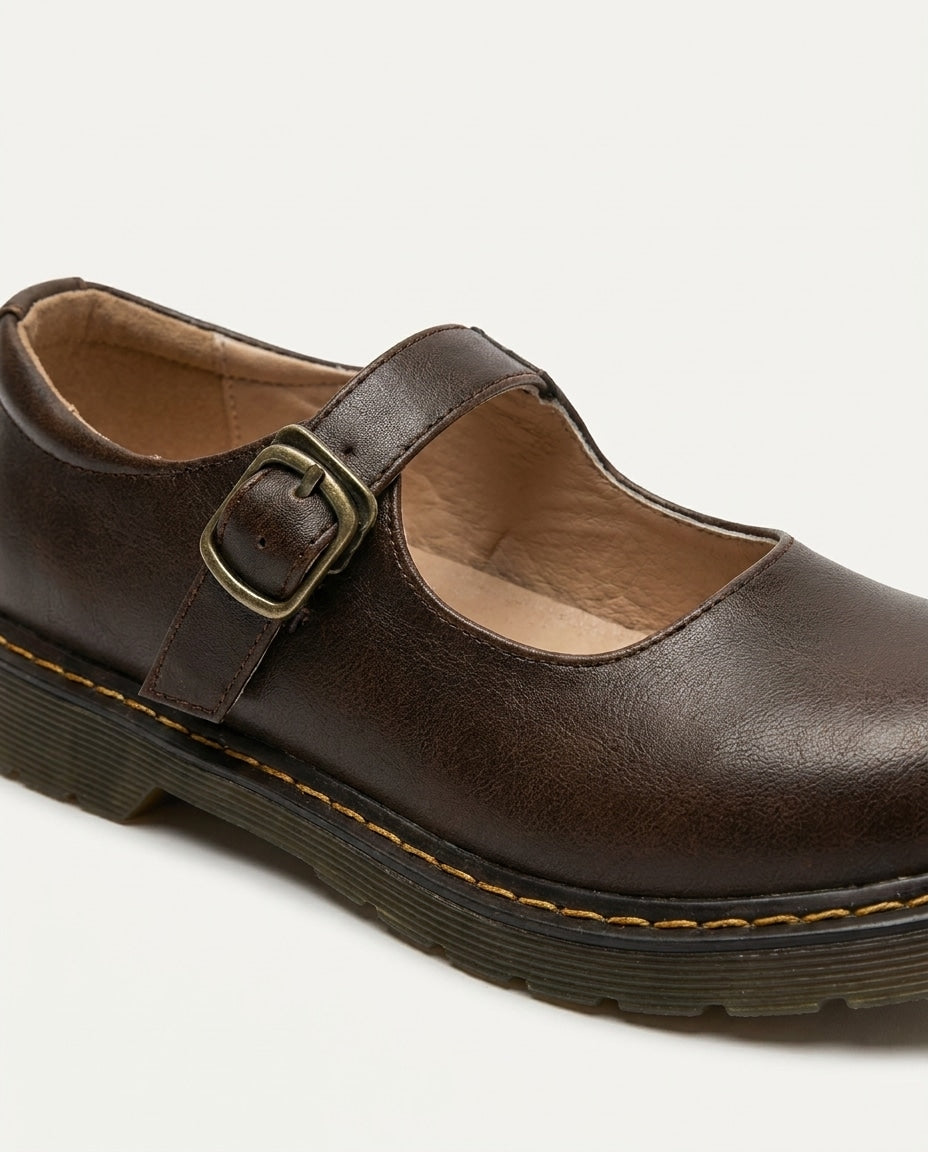 Buckle Strap Leather Mary Jane Flats