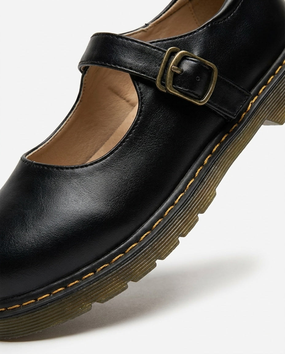Buckle Strap Leather Mary Jane Flats