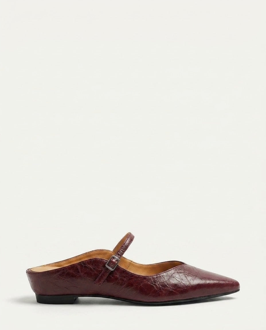 Leather Buckle Strap Mule Flats