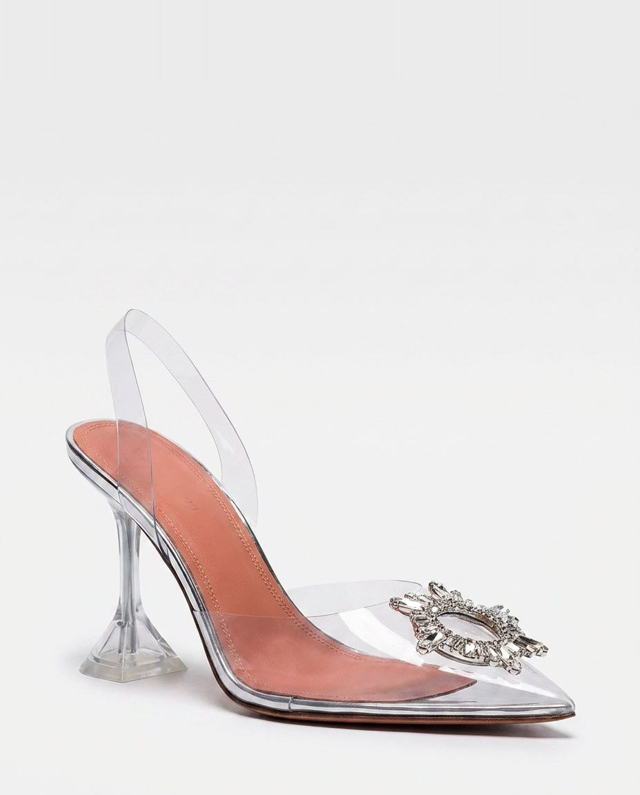 Crystal Buckle Pointed-Toe Slingback Heels