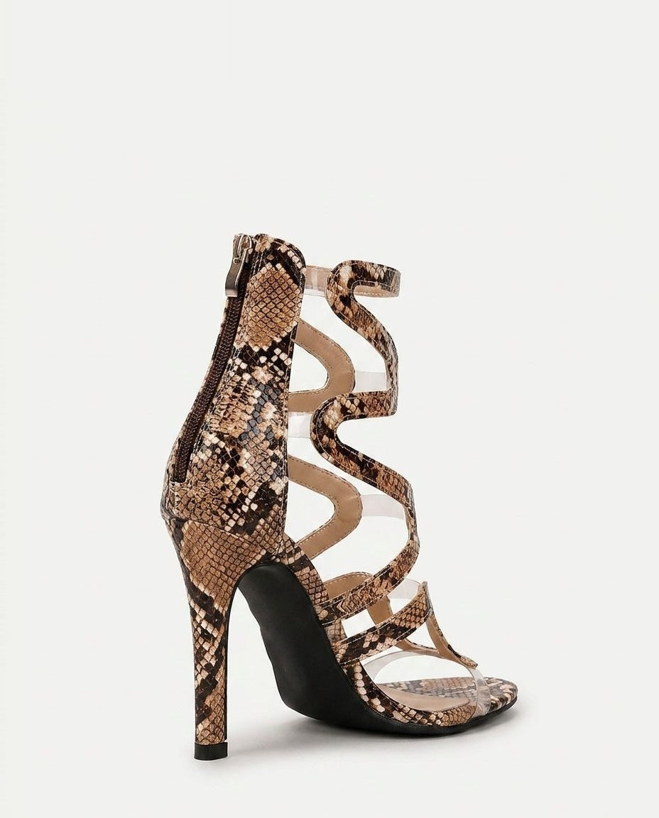 Wavy Strap Snake Print Sandal Heels