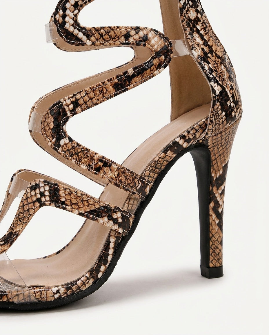 Wavy Strap Snake Print Sandal Heels