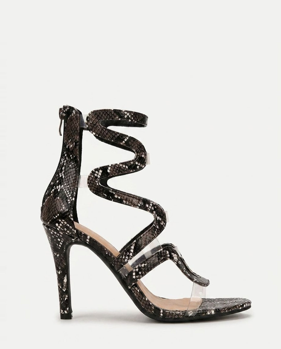 Wavy Strap Snake Print Sandal Heels