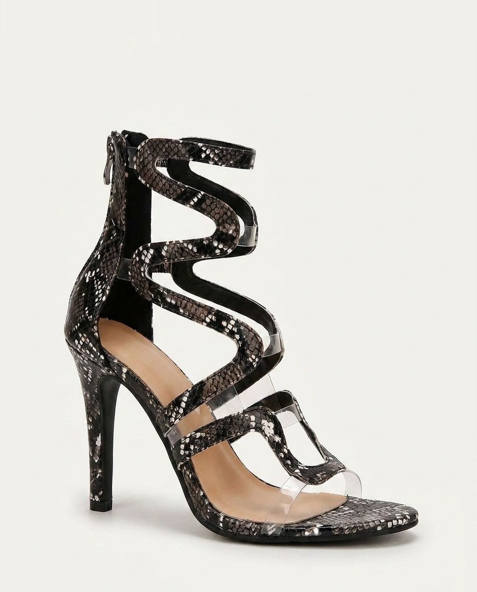 Wavy Strap Snake Print Sandal Heels