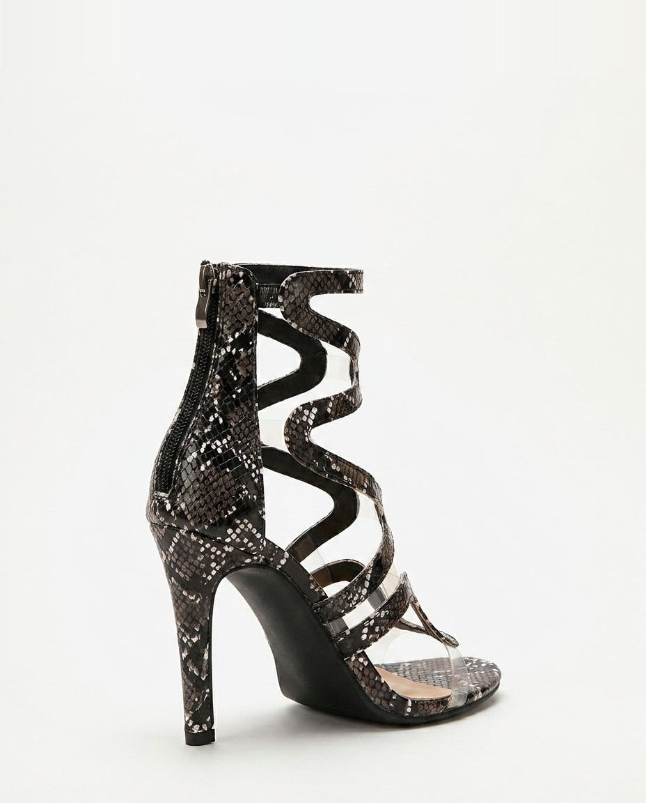 Wavy Strap Snake Print Sandal Heels