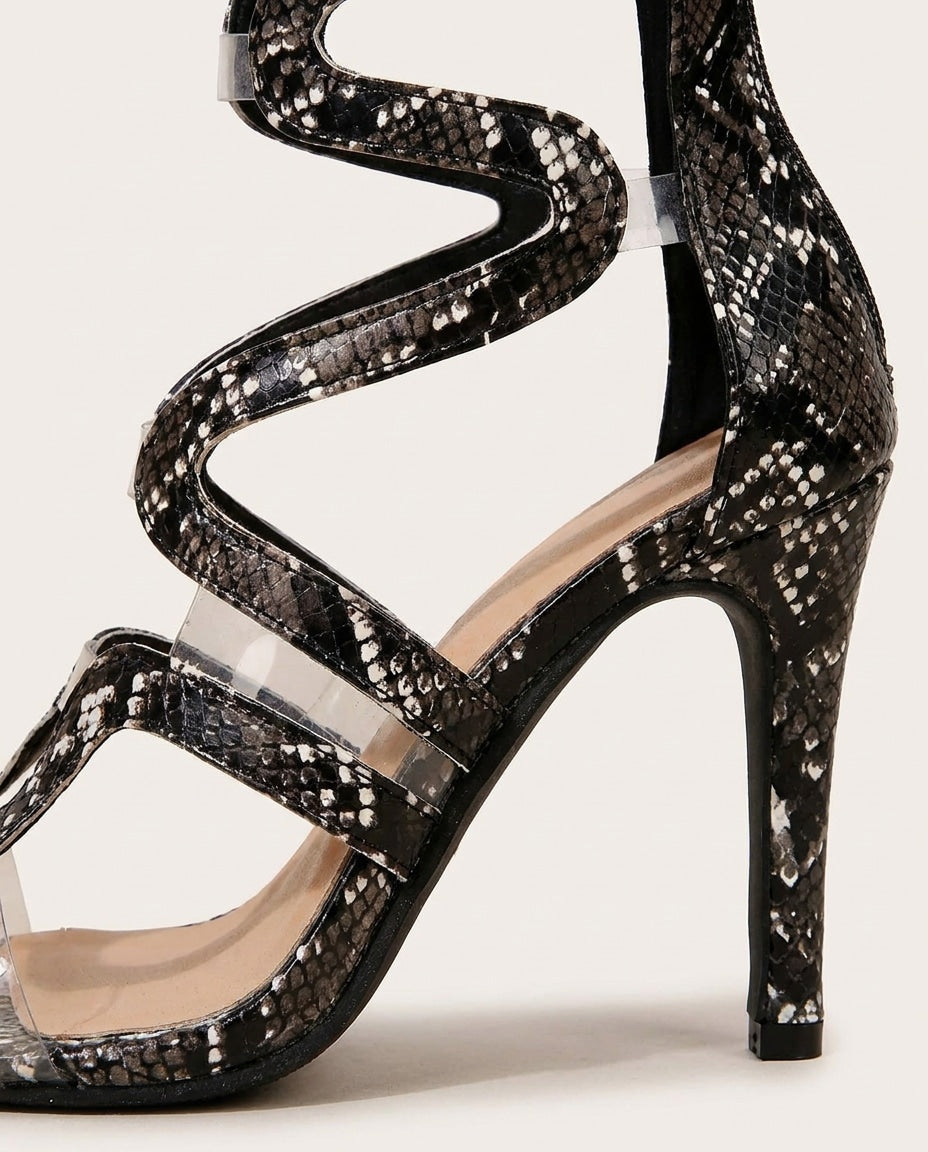 Wavy Strap Snake Print Sandal Heels