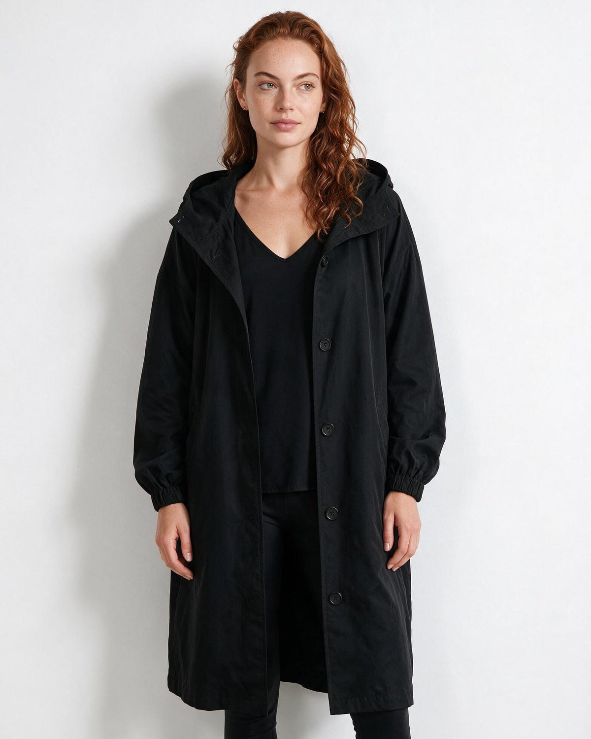 Cotton Hooded Button-Front Longline Coat