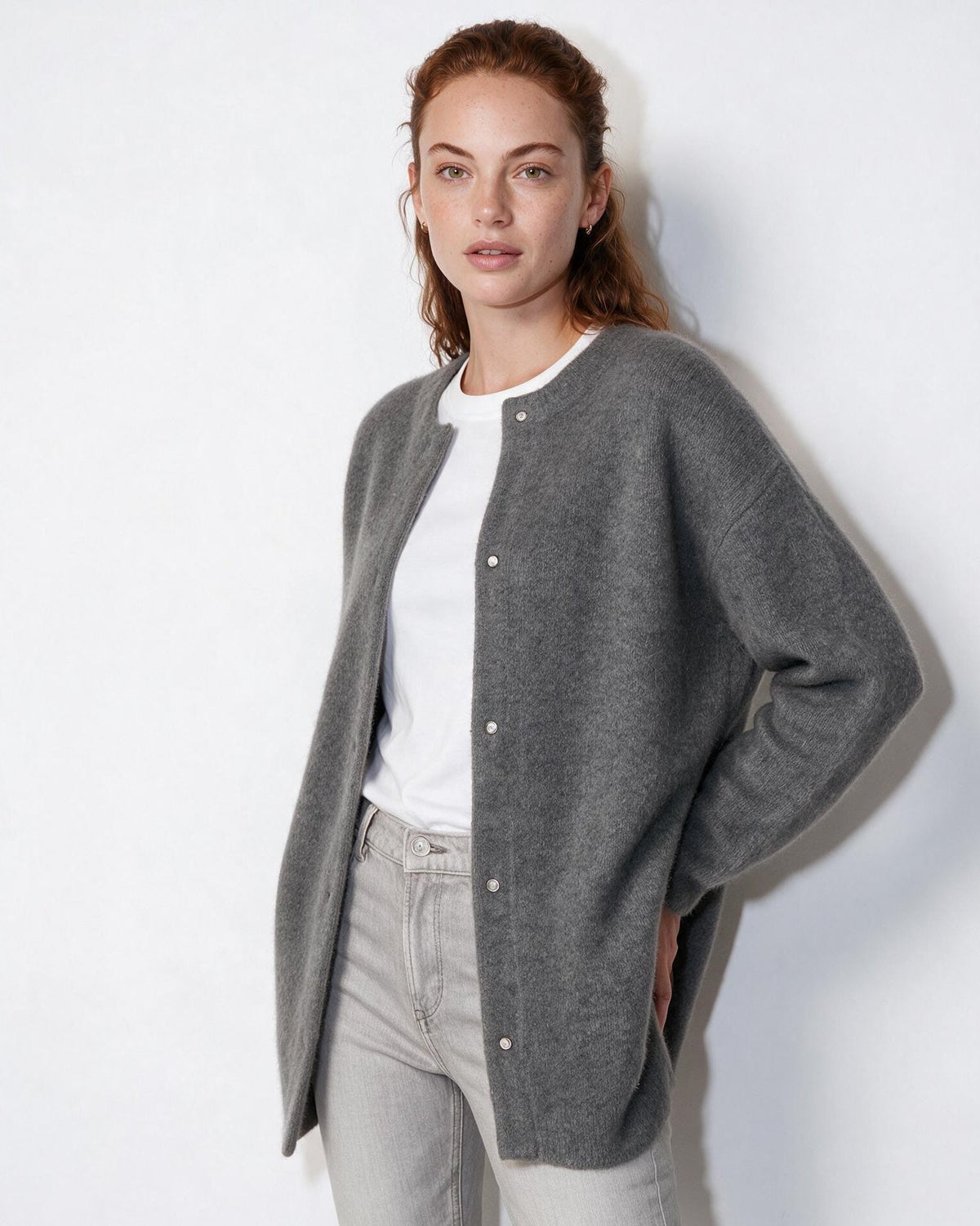 Brushed Collarless Button-Front Cardigan
