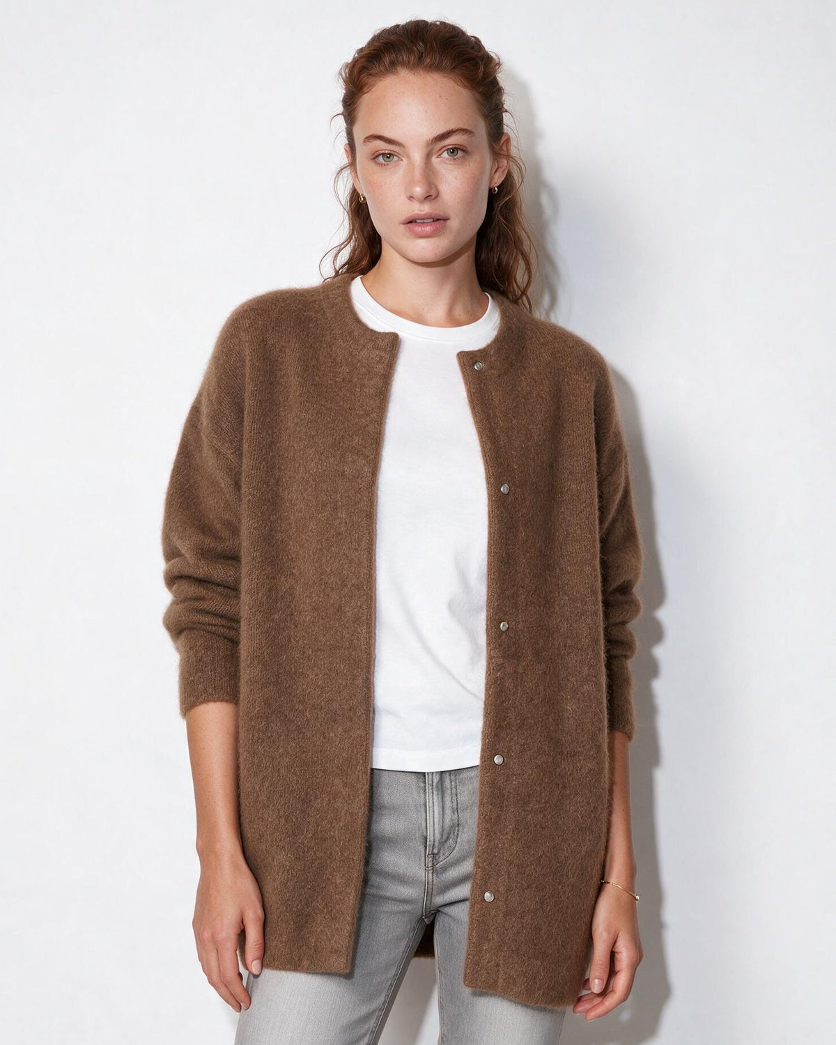 Brushed Collarless Button-Front Cardigan