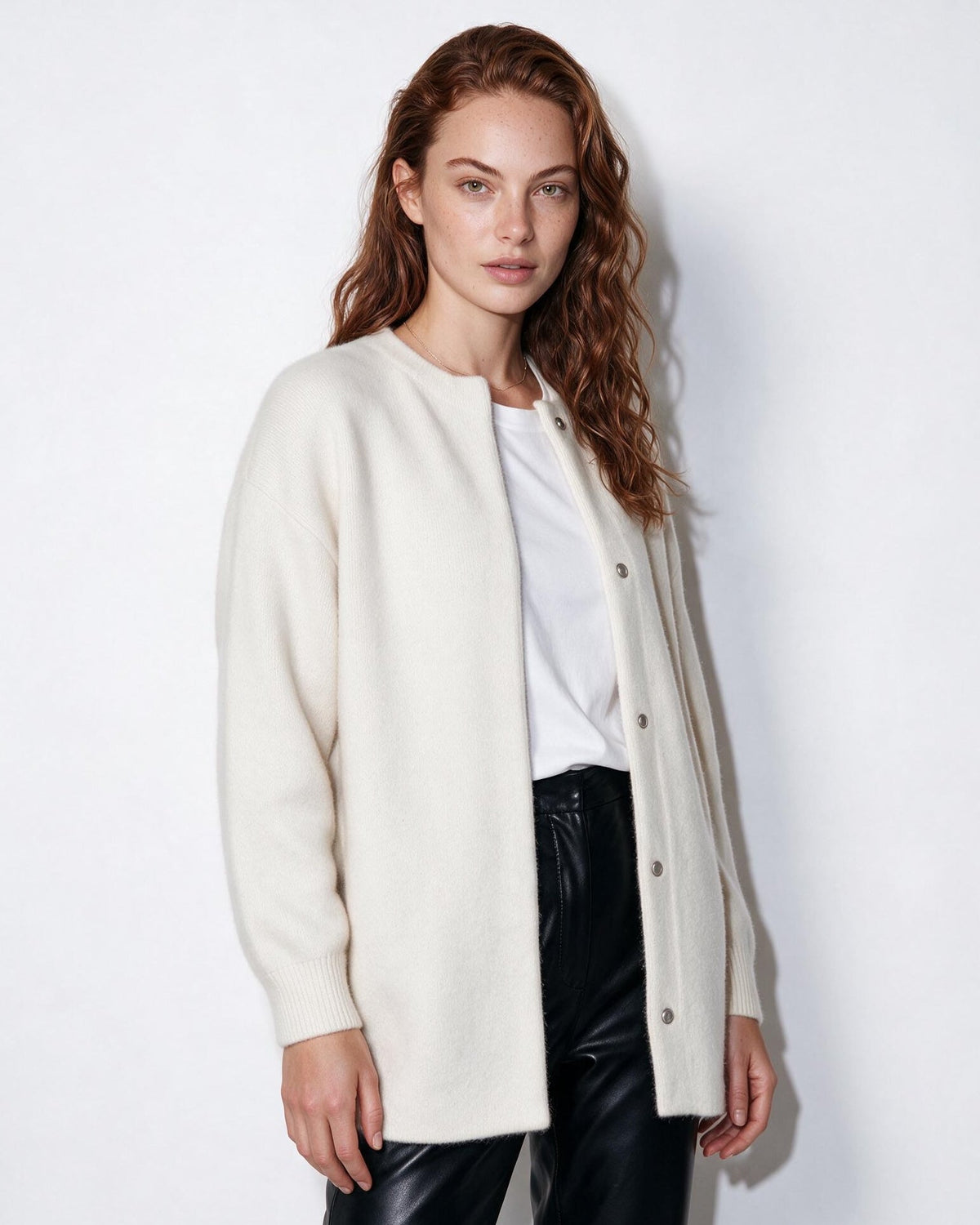 Brushed Collarless Button-Front Cardigan