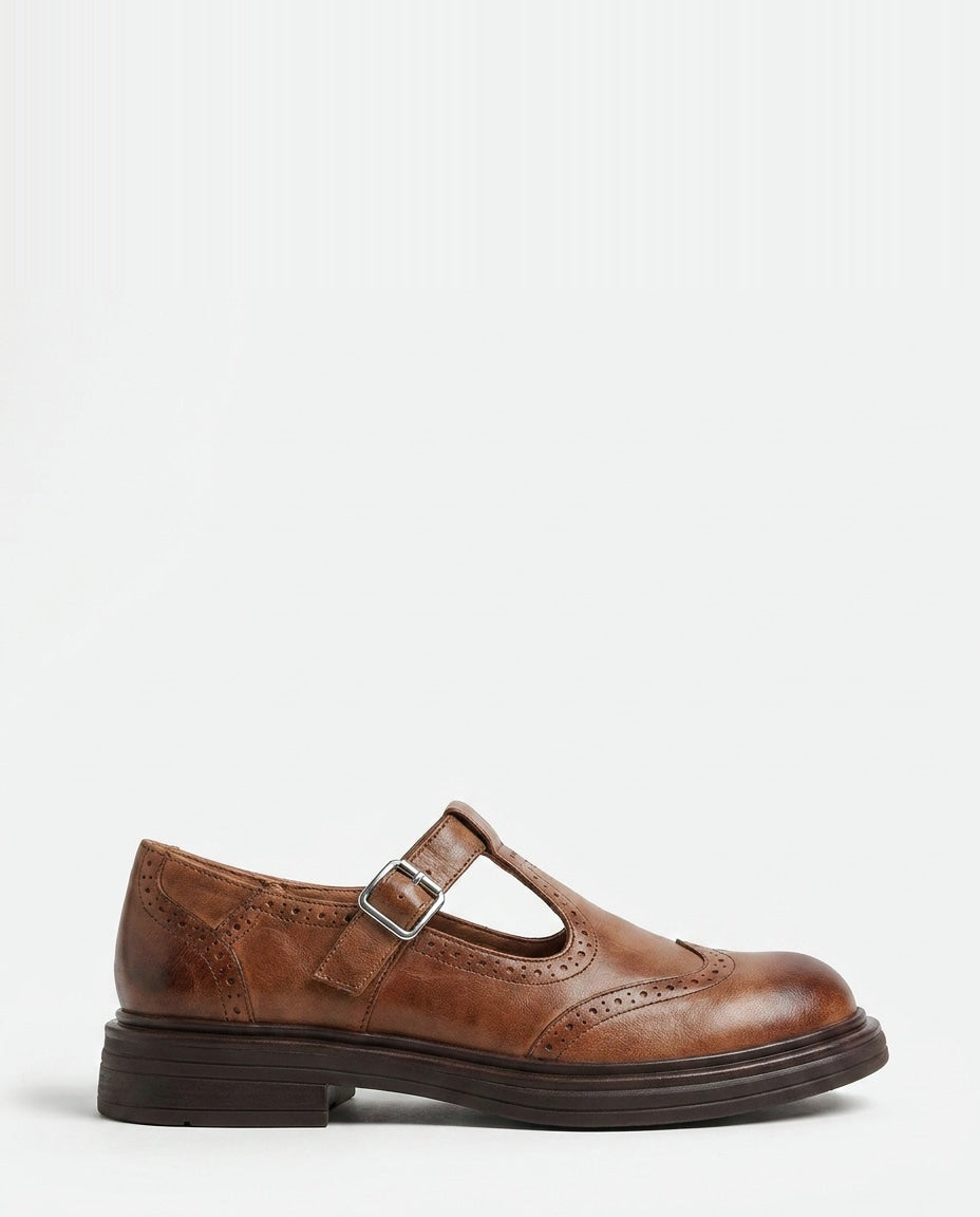 T-Bar Brogue Wingtip Leather Mary Jane Flats