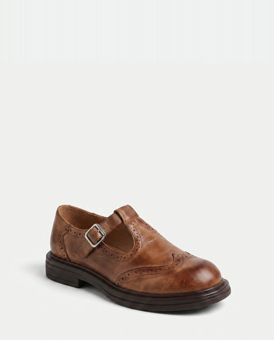 T-Bar Brogue Wingtip Leather Mary Jane Flats