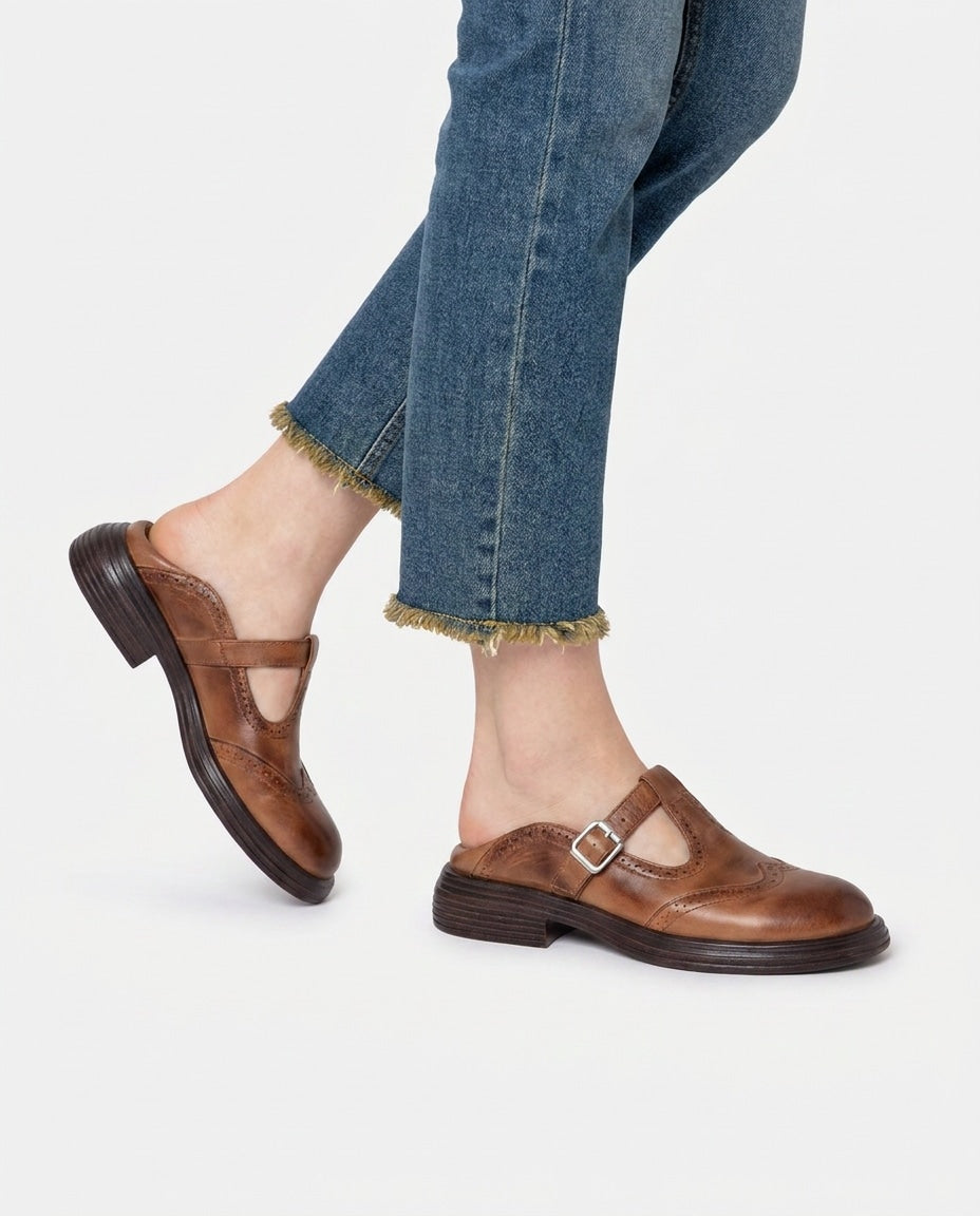 T-Bar Brogue Wingtip Leather Mary Jane Flats