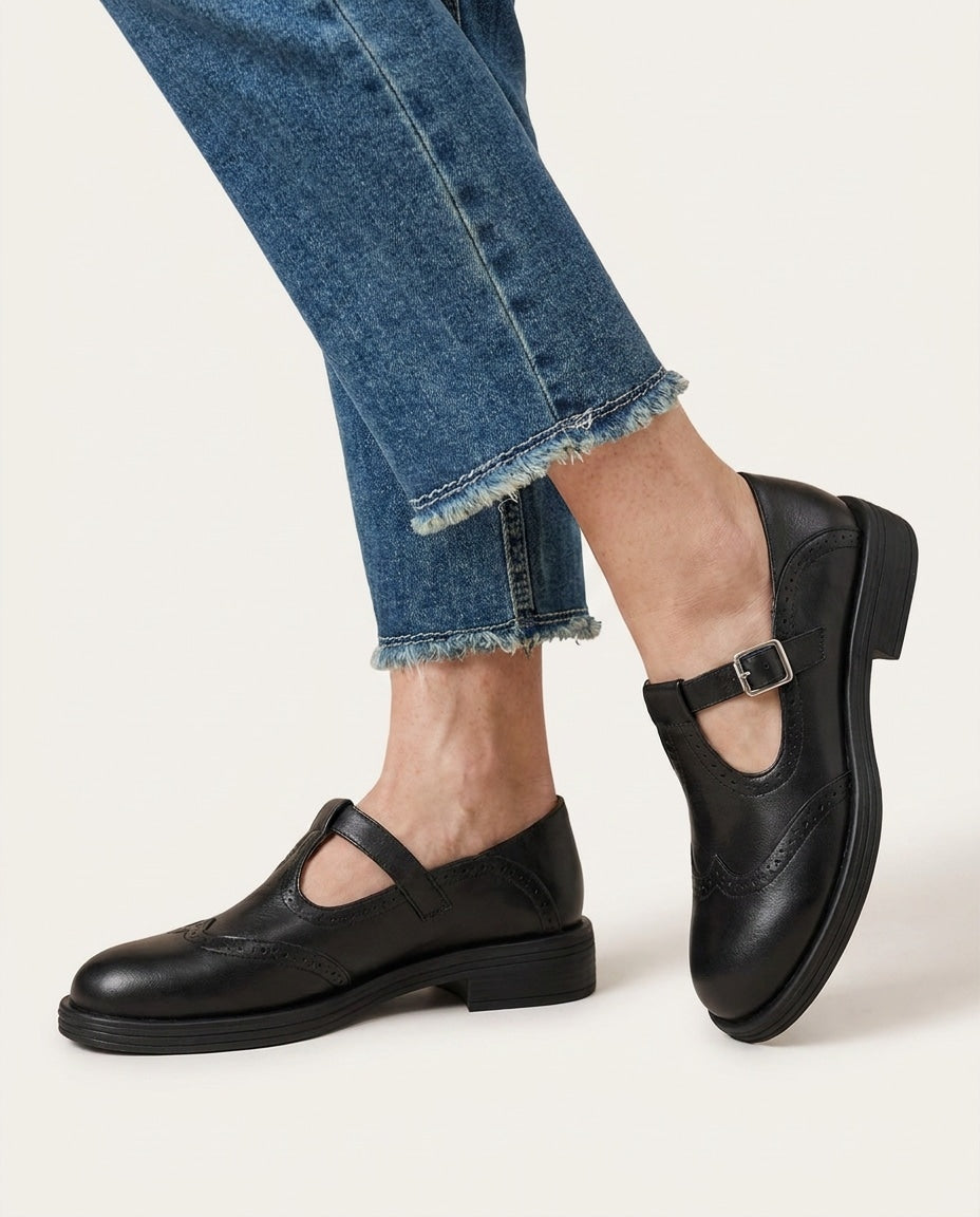 T-Bar Brogue Wingtip Leather Mary Jane Flats