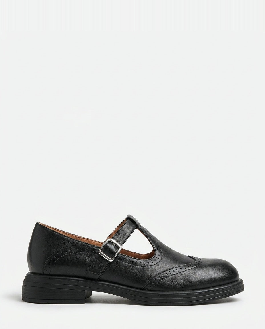 T-Bar Brogue Wingtip Leather Mary Jane Flats