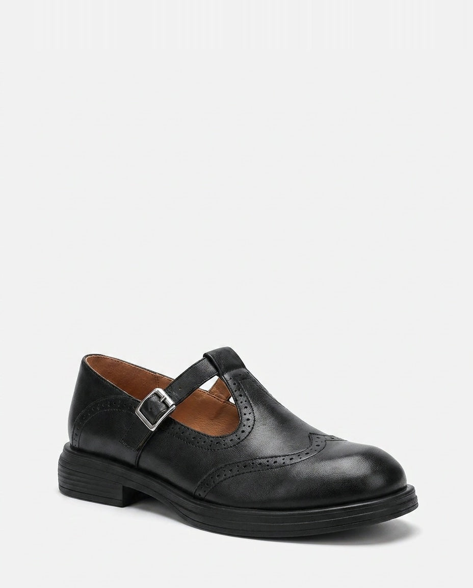 T-Bar Brogue Wingtip Leather Mary Jane Flats