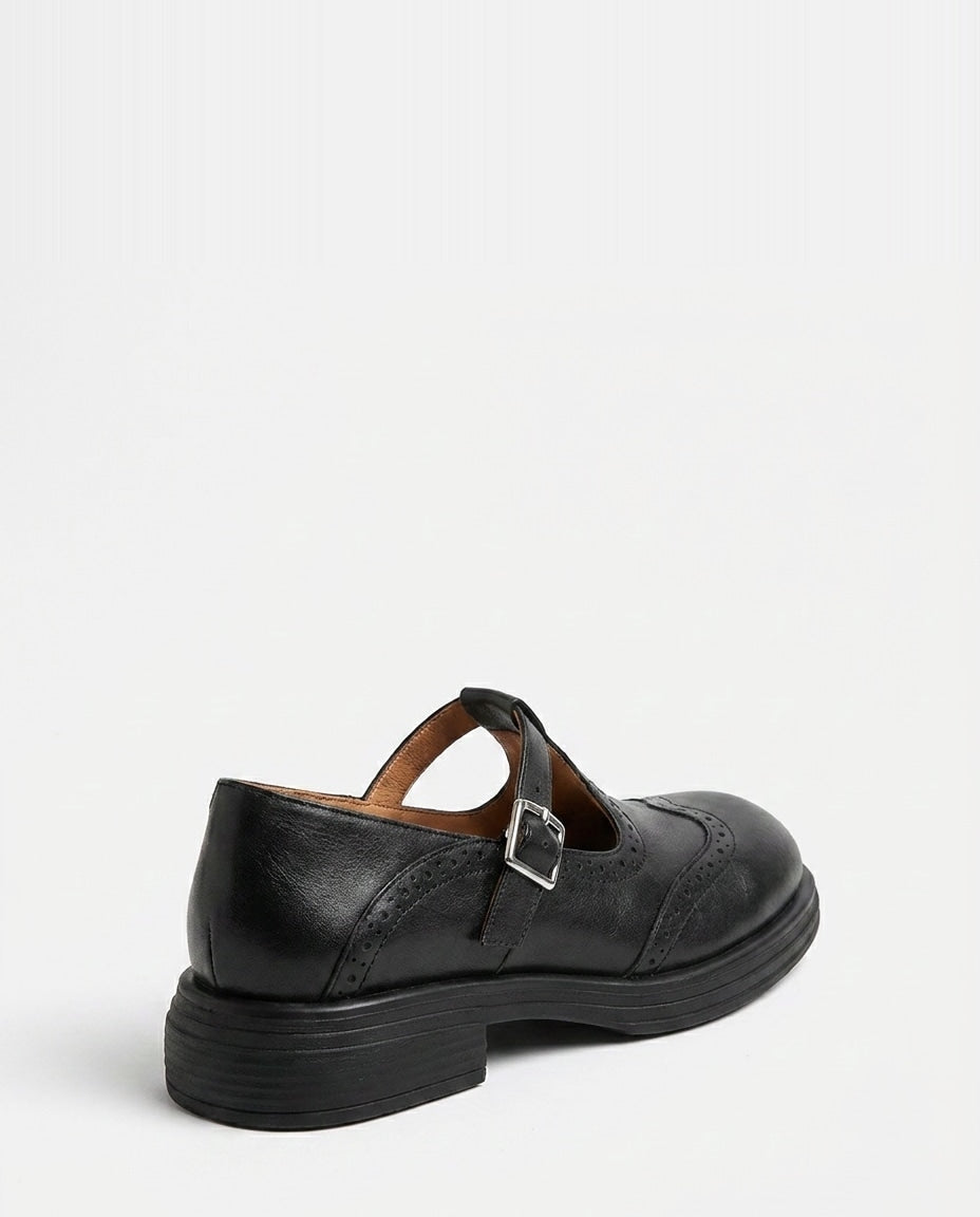 T-Bar Brogue Wingtip Leather Mary Jane Flats
