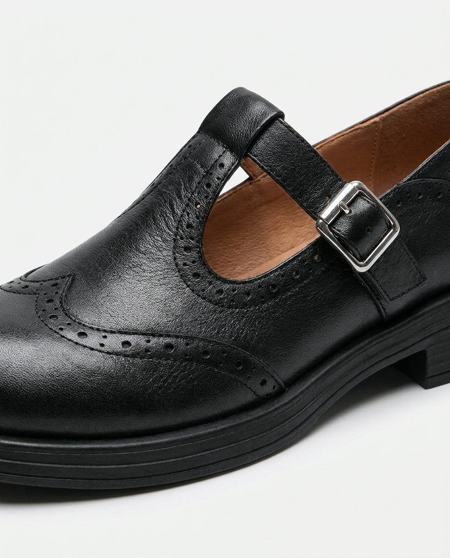 T-Bar Brogue Wingtip Leather Mary Jane Flats
