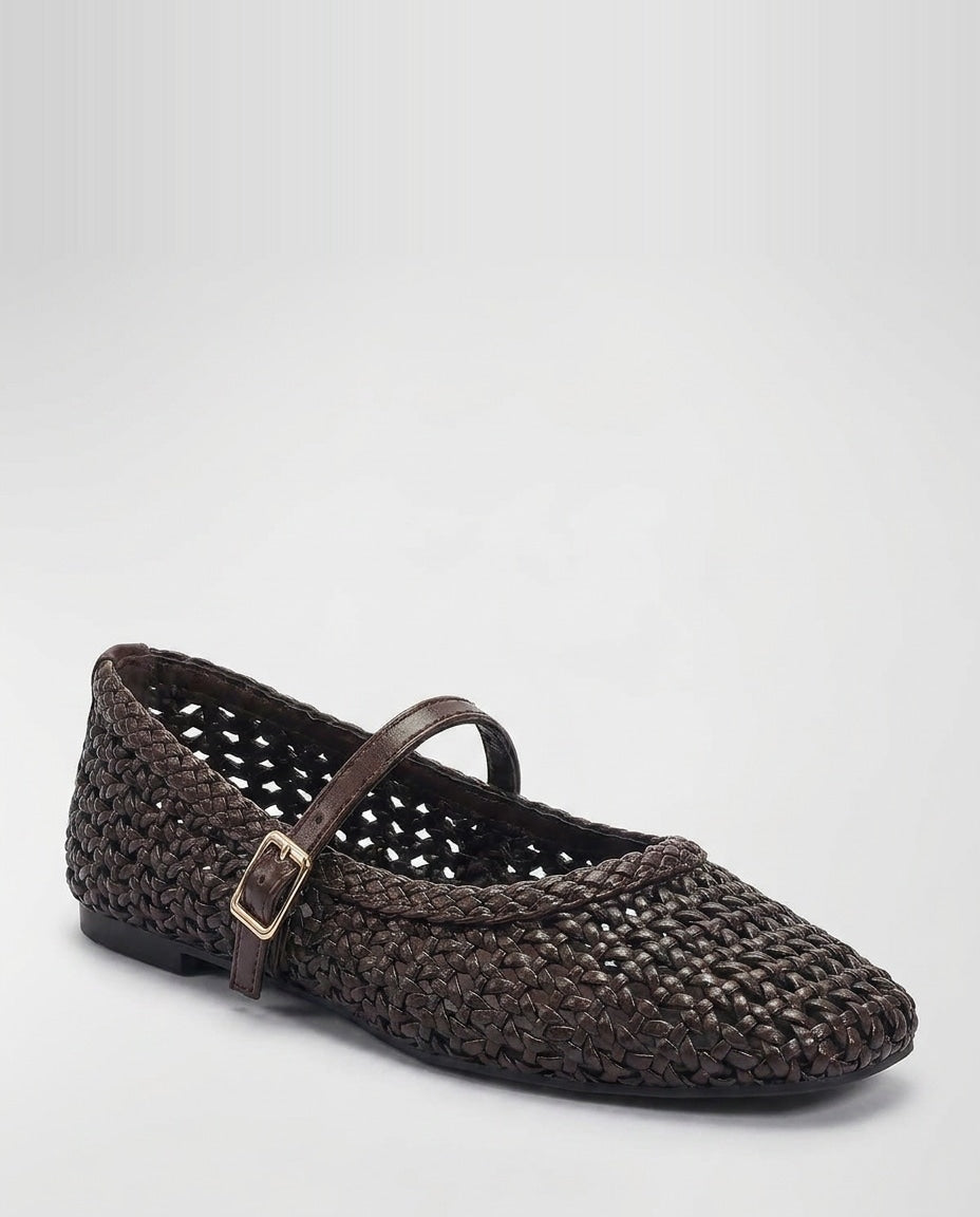 Woven Basketweave Buckle Strap Mary Jane Flats