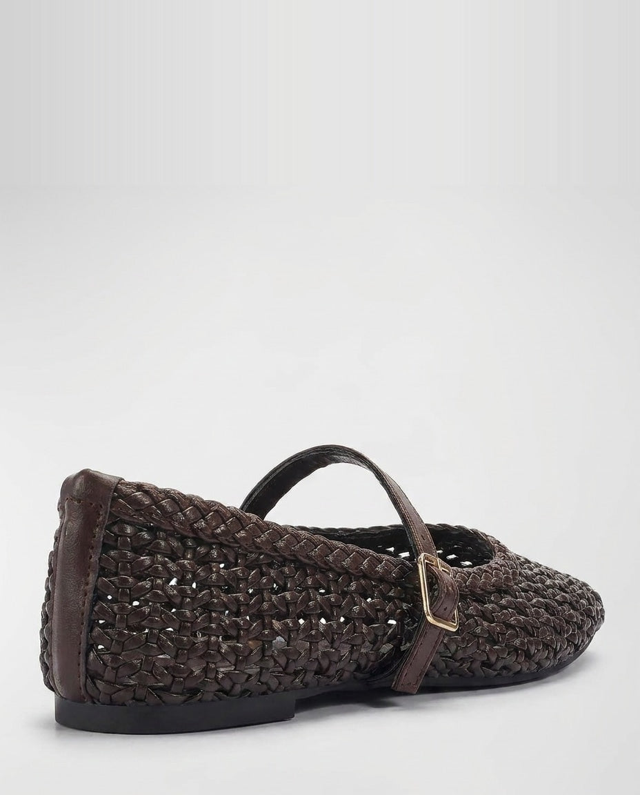 Woven Basketweave Buckle Strap Mary Jane Flats