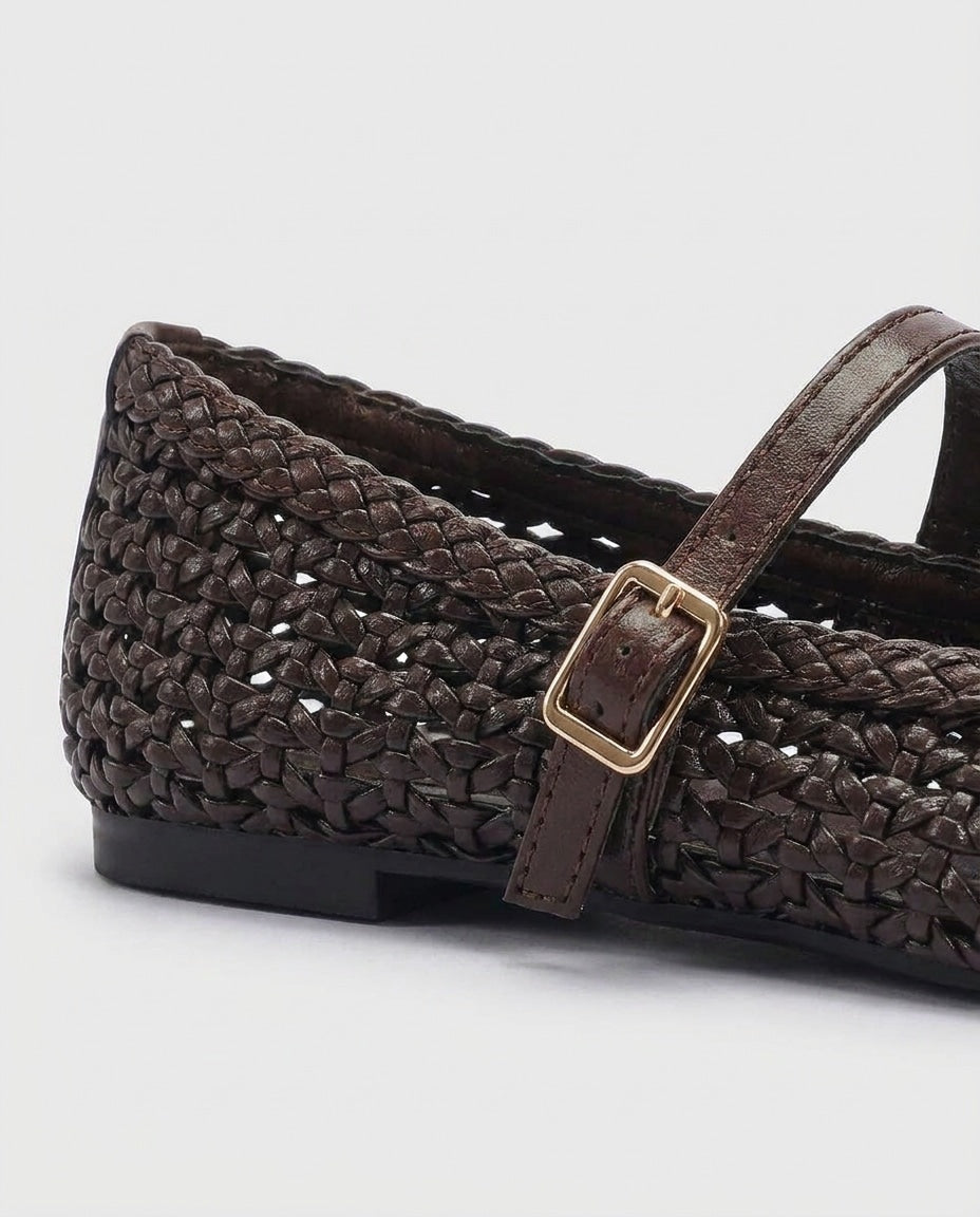 Woven Basketweave Buckle Strap Mary Jane Flats