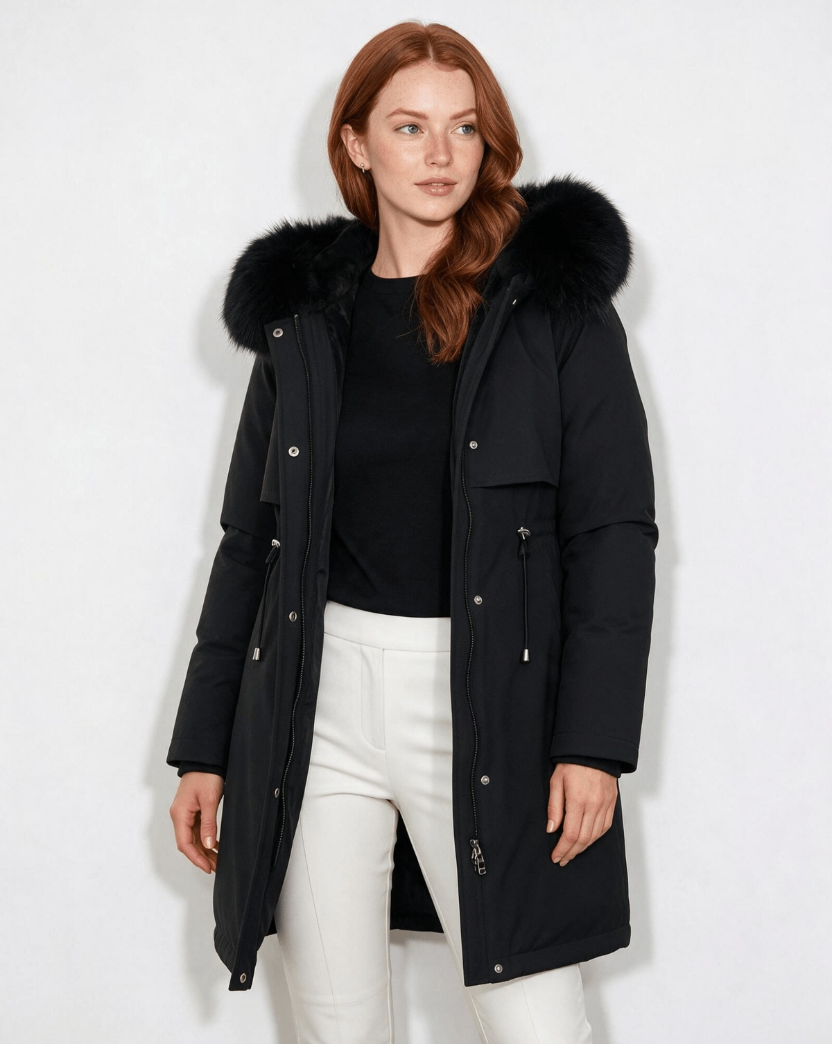 Faux Fur Hood Drawstring Parka Coat