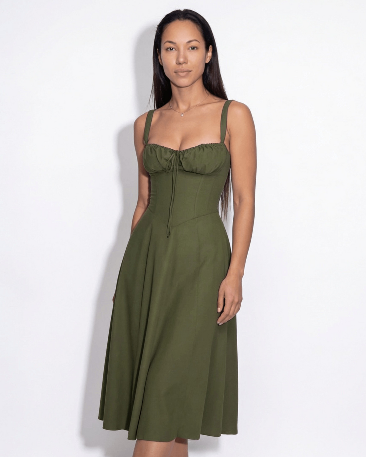 Ruched Tie-Front Corset Midi Dress