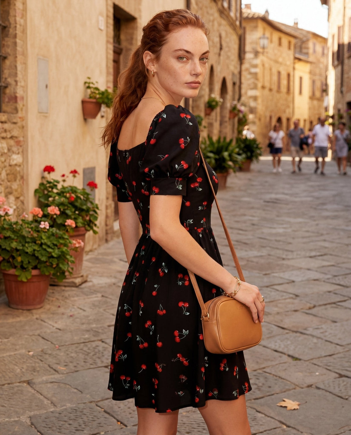 Cherry Print Puff Sleeve Mini Dress
