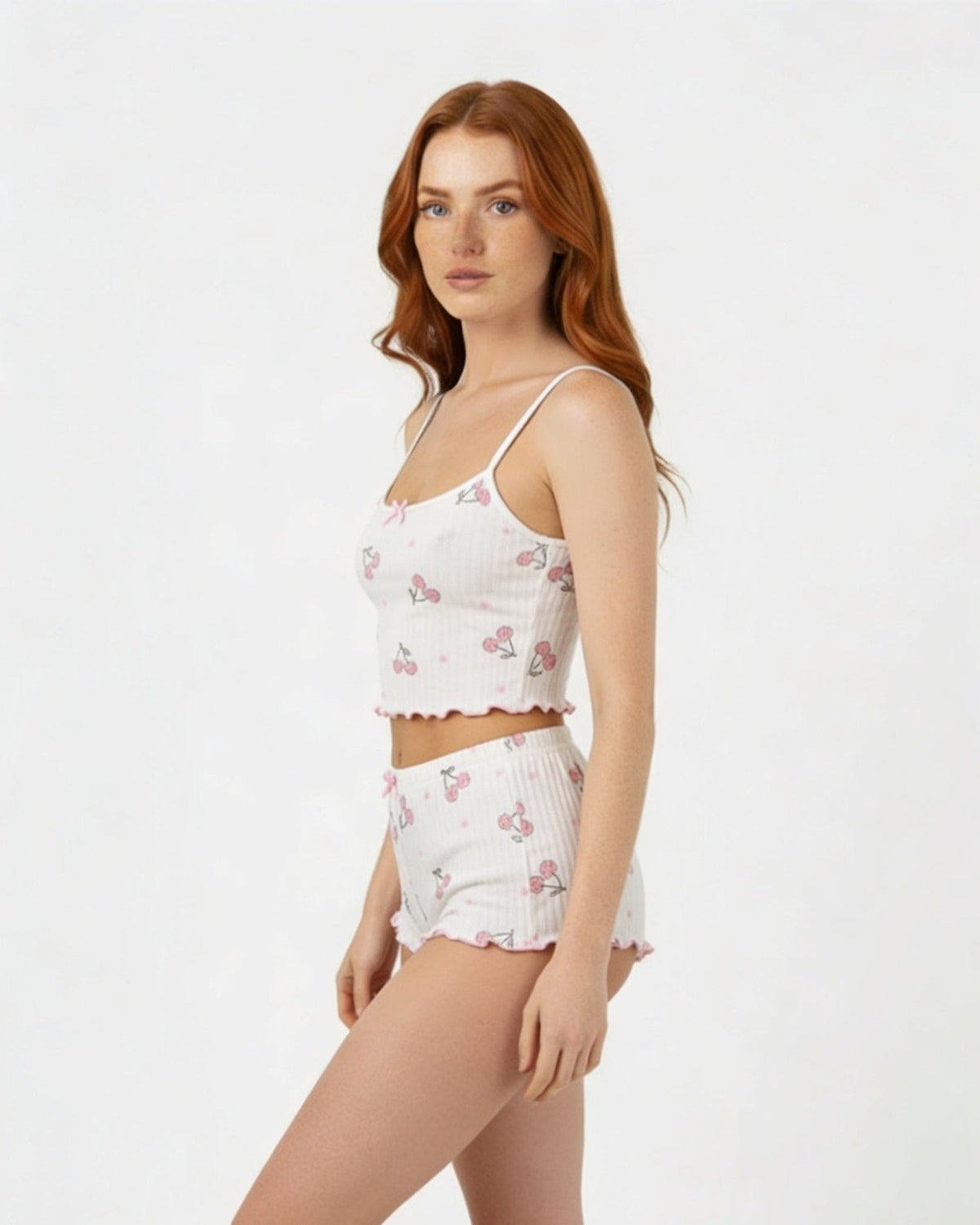 Cherry Print Ribbed Cami Pyjama Set
