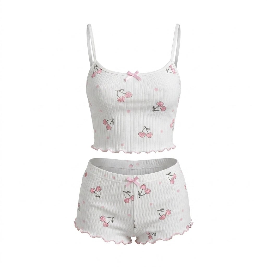 Cherry Print Ribbed Cami Pyjama Set