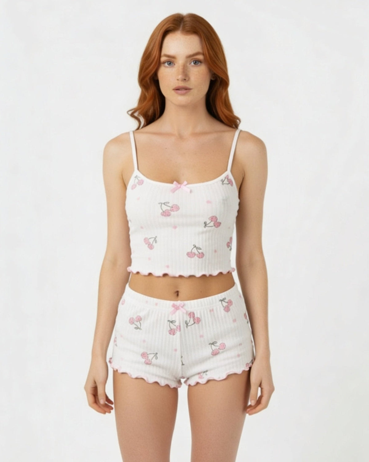 Cherry Print Ribbed Cami Pyjama Set
