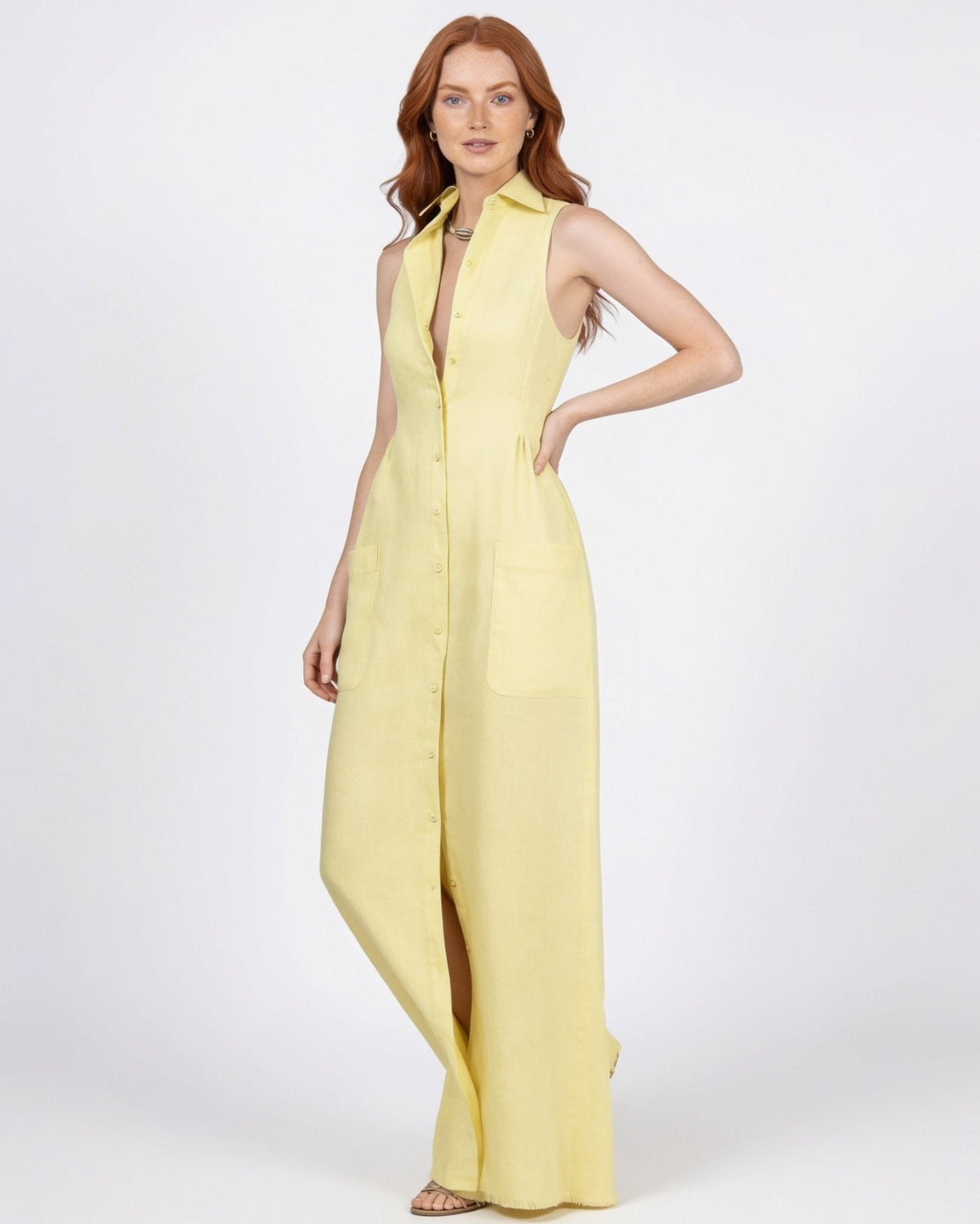 Collared Button-Front Maxi Dress