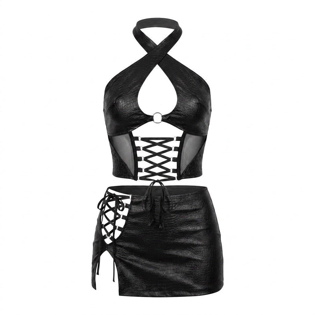 Croc Embossed Faux Leather Halter Skirt Set