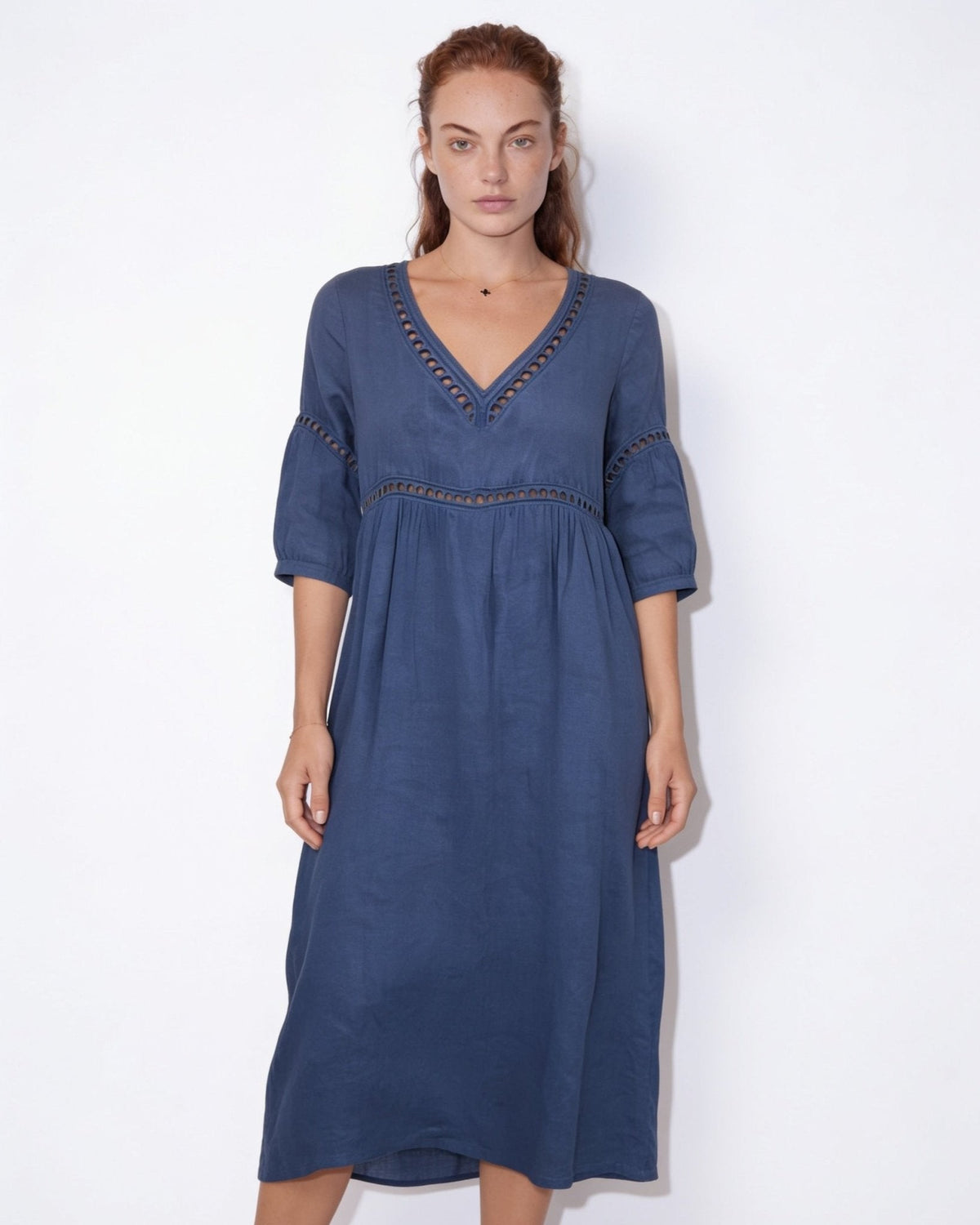 Crochet Trim Linen Midi Dress