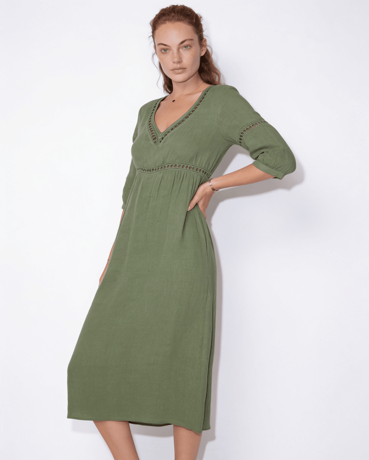 Crochet Trim Linen Midi Dress