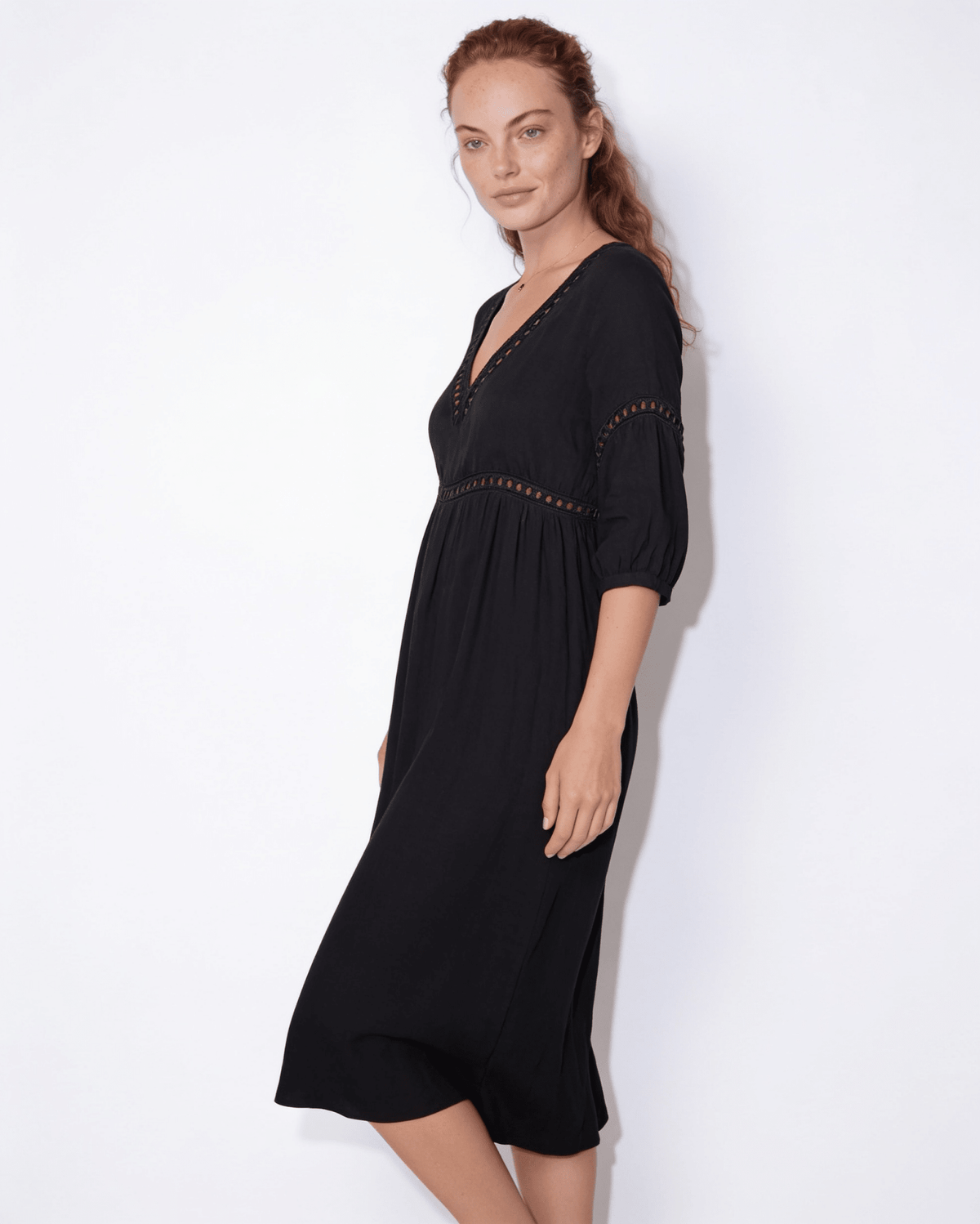 Crochet Trim Linen Midi Dress