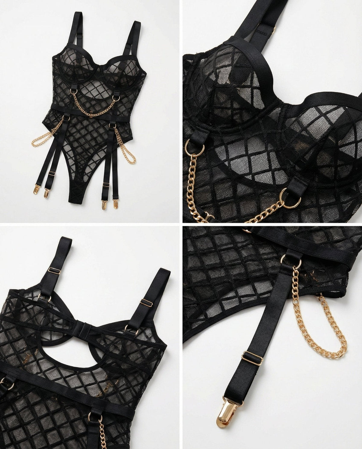 Diamond Mesh Underwire Bodysuit With Garter Straps